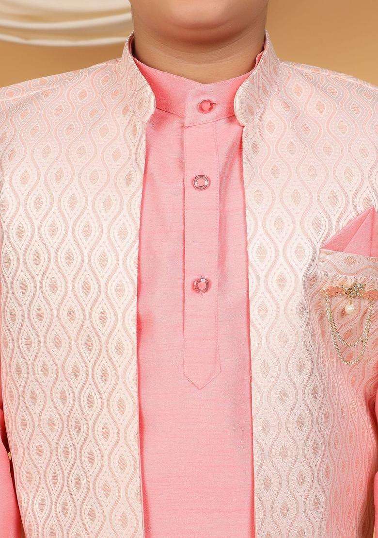 Pink Woven Design Silk Kurta Set For Boys - Indya