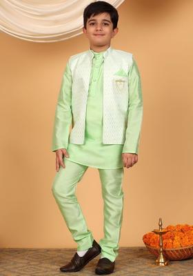 Green Woven Design Silk Kurta Set For Boys