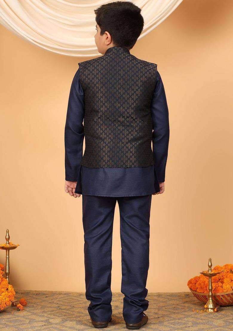 Navy Blue Woven Design Silk Kurta Set For Boys - Indya
