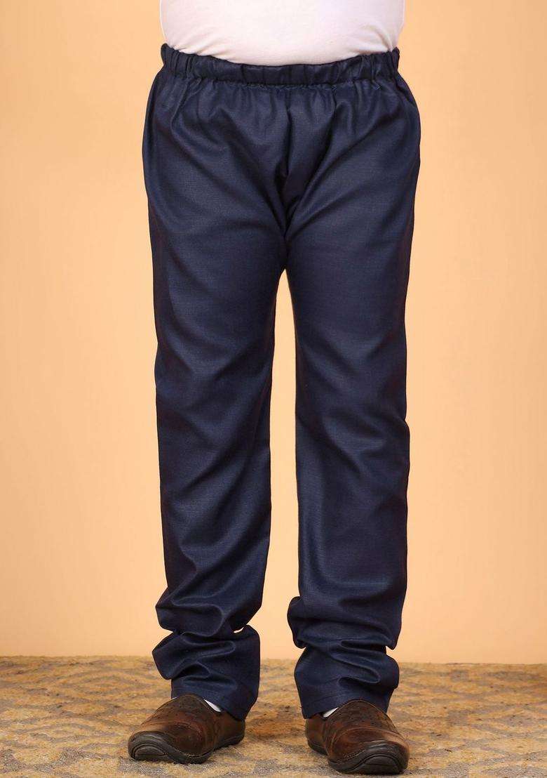 Navy Blue Woven Design Silk Kurta Set For Boys - Indya