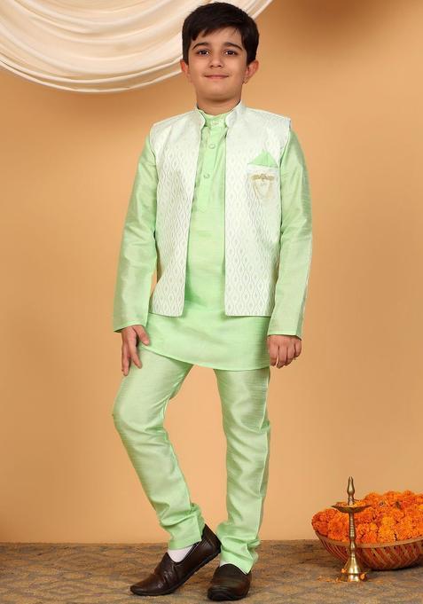 Lime Green Solid Silk Kurta Set For Boys — view on Indya