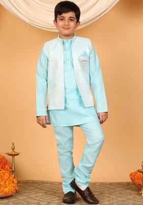Turquoise Blue Solid Silk Kurta Set For Boys