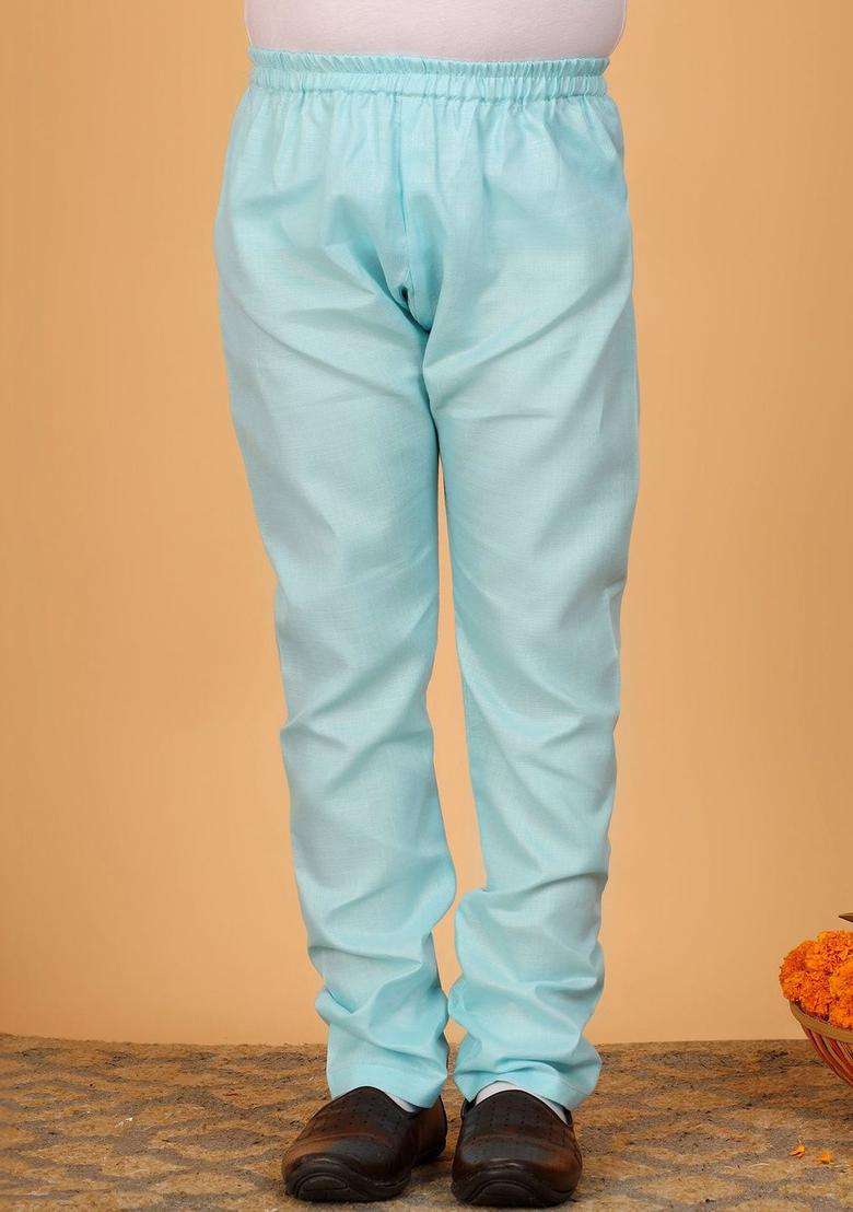 Turquoise Blue Solid Silk Kurta Set For Boys - Indya