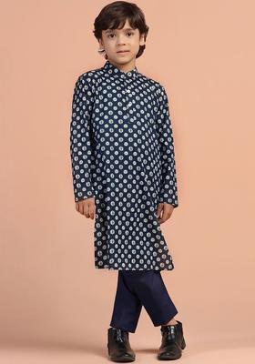 Navy Blue Printed Cotton Kurta Set For Boys