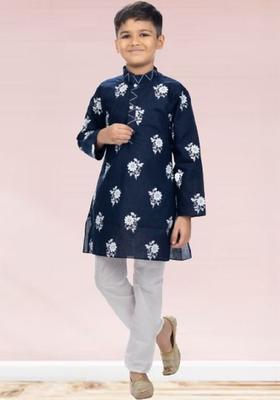 Navy Blue Printed Cotton Kurta Set For Boys