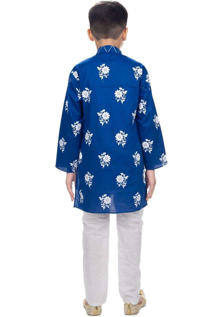 Blue Printed Cotton Kurta Set For Boys - Indya