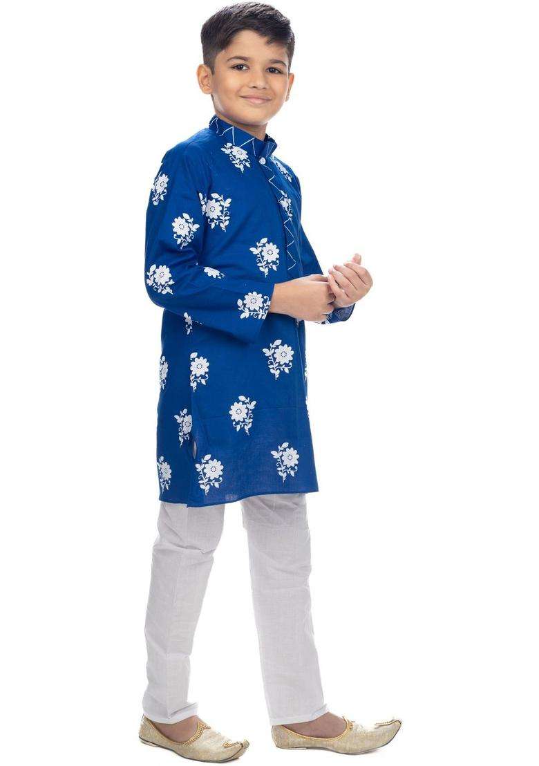 Blue Printed Cotton Kurta Set For Boys - Indya