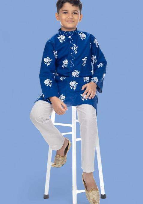 Blue Printed Cotton Kurta Set For Boys