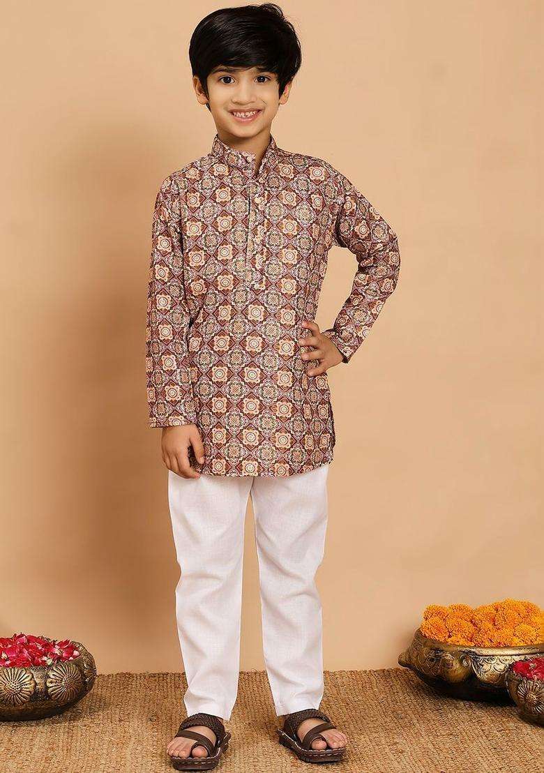 Brown Printed Viscose Kurta Set For Boys - Indya