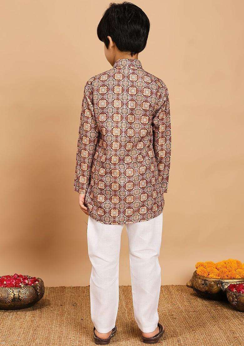 Brown Printed Viscose Kurta Set For Boys - Indya