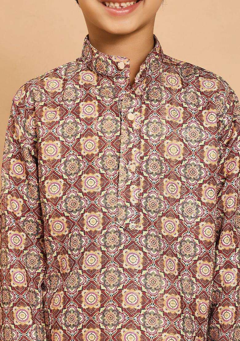 Brown Printed Viscose Kurta Set For Boys - Indya