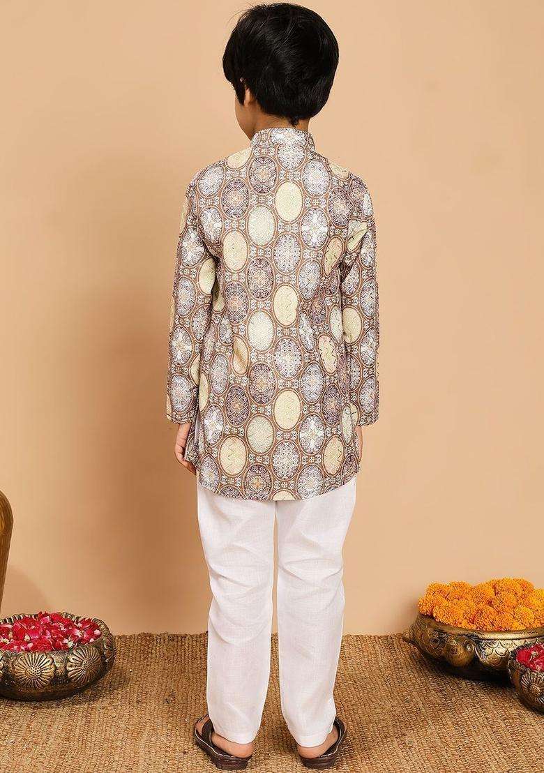 Brown Printed Viscose Kurta Set For Boys - Indya