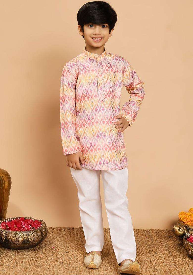 Multi Printed Viscose Kurta Set For Boys - Indya