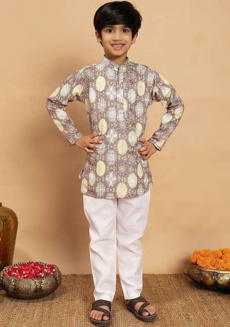 Brown Printed Viscose Kurta Set For Boys - Indya