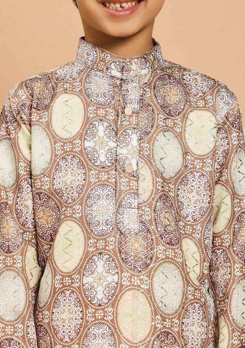 Brown Printed Viscose Kurta Set For Boys - Indya