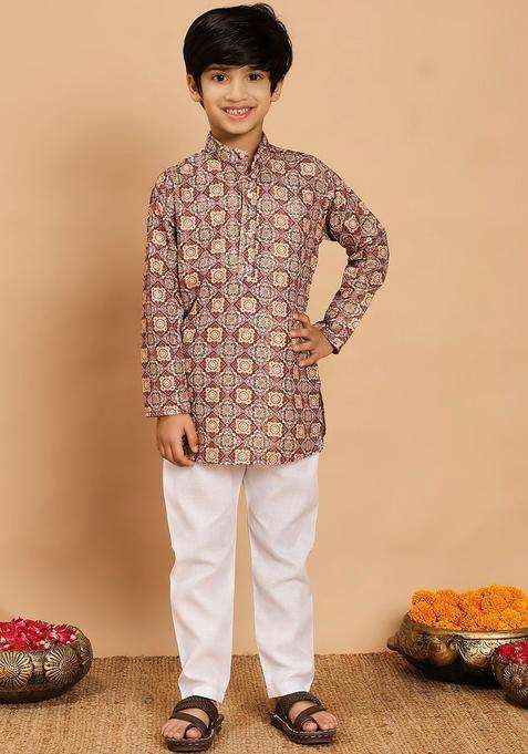 Brown Printed Viscose Kurta Set For Boys