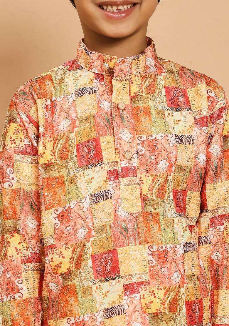 Multi Printed Viscose Kurta Set For Boys - Indya