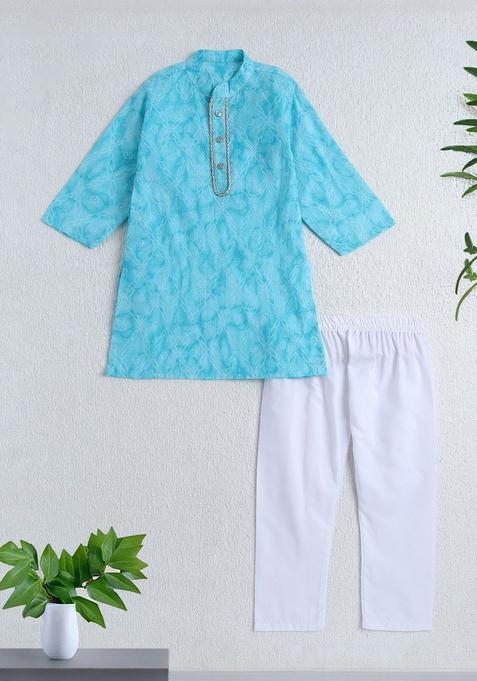 Blue Self Design Cotton Kurta Set For Boys — view on Indya