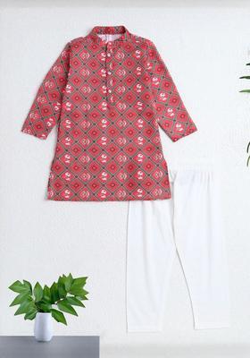Red Printed Polyester Kurta Set For Boys