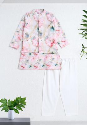Pink Printed Polyester Kurta Set For Boys