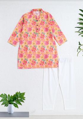 Pink Printed Polyester Kurta Set For Boys