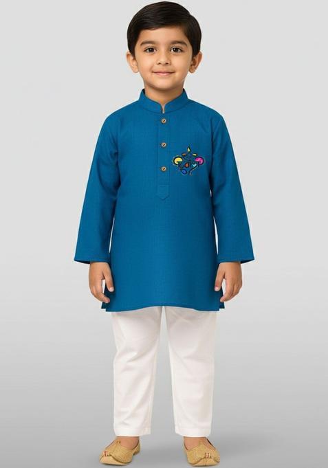 Blue Self Design Cotton Kurta Set For Boys — view on Indya