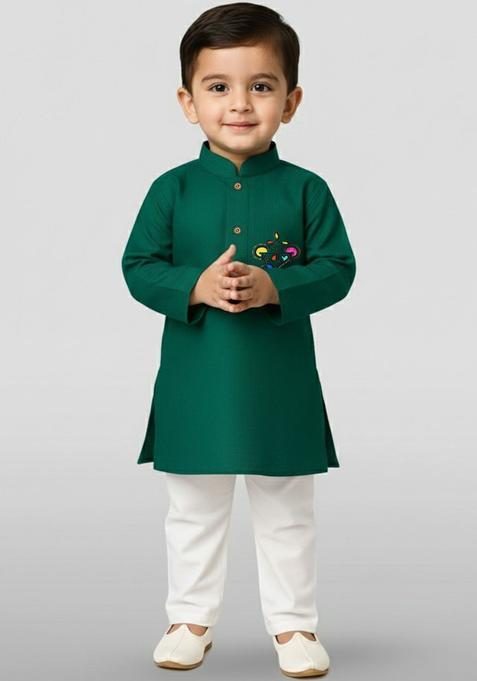 Green Self Design Cotton Kurta Set For Boys — view on Indya