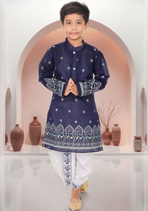 Navy Blue Embroidered Cotton Kurta Set For Boys — view on Indya