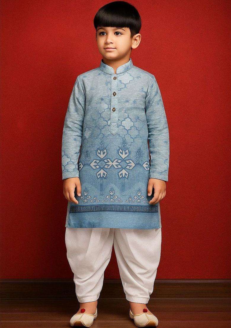Blue Printed Cotton Kurta Set For Boys - Indya