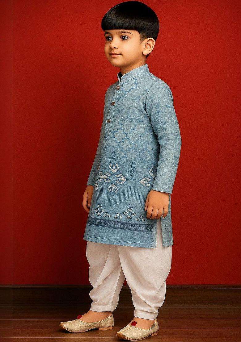 Blue Printed Cotton Kurta Set For Boys - Indya