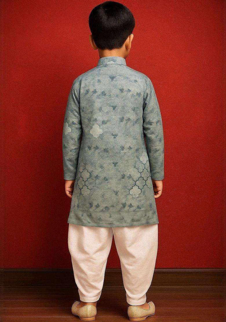 Blue Printed Cotton Kurta Set For Boys - Indya