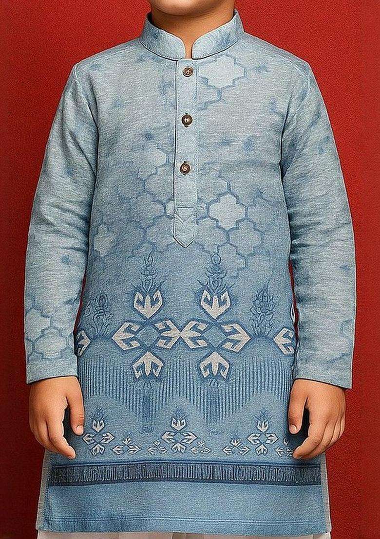 Blue Printed Cotton Kurta Set For Boys - Indya