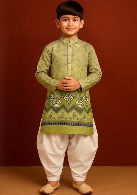 Lime Green Printed Cotton Kurta Set For Boys — view on Indya