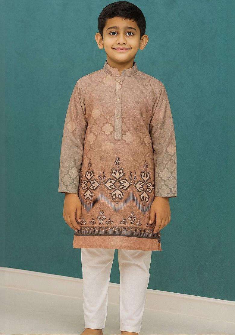Brown Printed Cotton Kurta Set For Boys - Indya