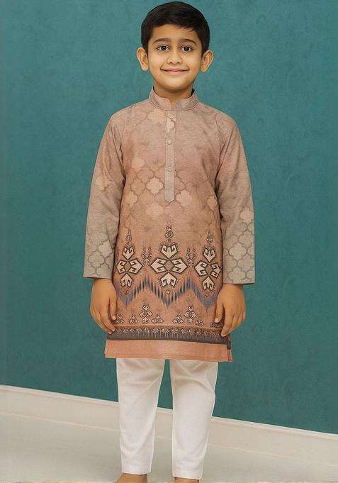 Brown Printed Cotton Kurta Set For Boys