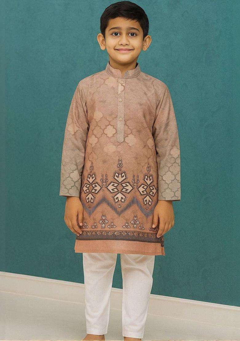 Brown Printed Cotton Kurta Set For Boys - Indya