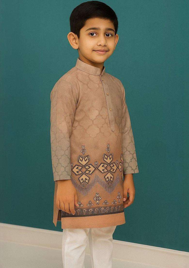 Brown Printed Cotton Kurta Set For Boys - Indya