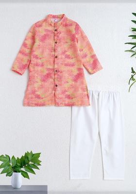 Peach Printed Polyester Kurta Set For Boys