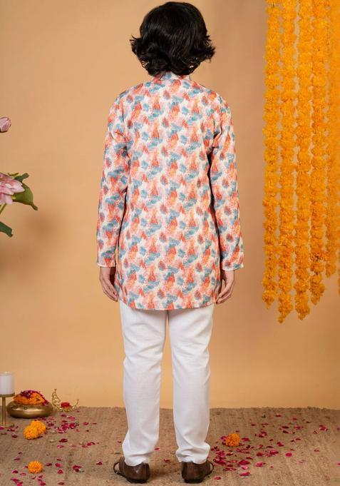White Printed Cotton Kurta Set For Boys — view on Indya