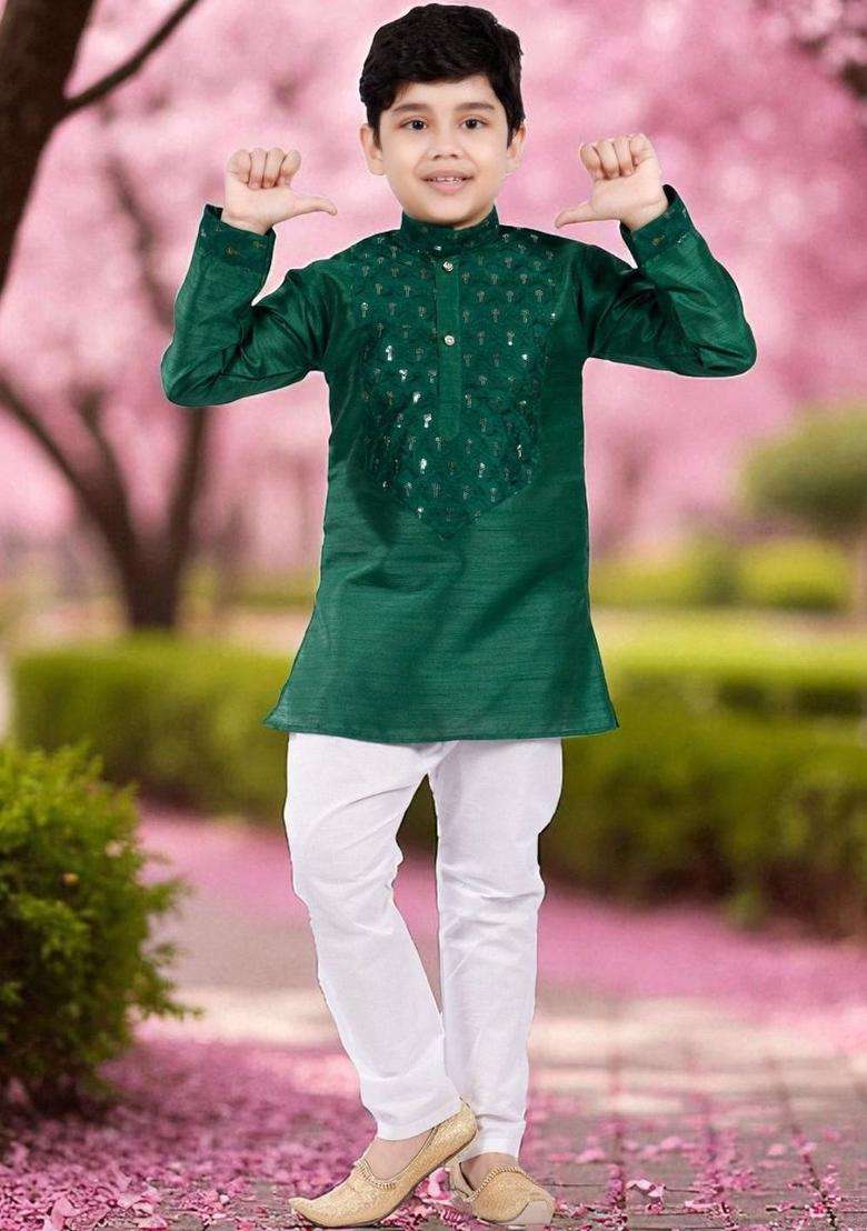 Olive Embroidered Silk Kurta Set For Boys - Indya