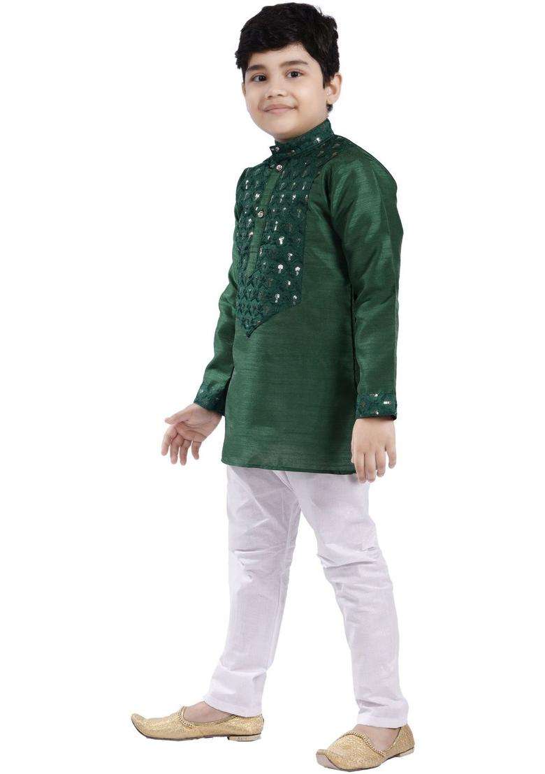 Olive Embroidered Silk Kurta Set For Boys - Indya