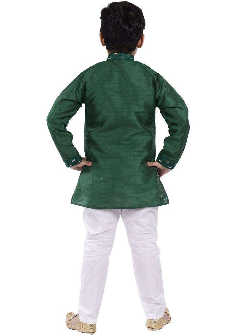 Olive Embroidered Silk Kurta Set For Boys - Indya