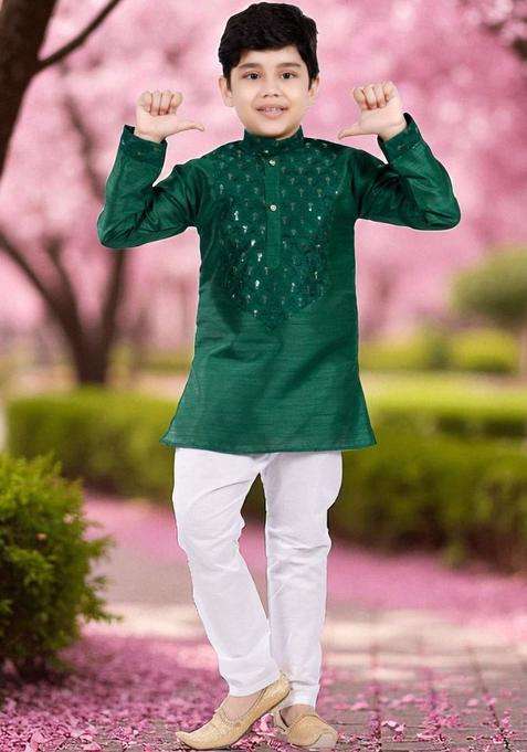 Olive Embroidered Silk Kurta Set For Boys