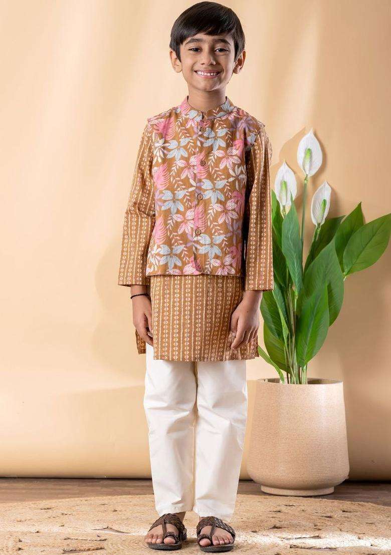 Brown Printed Cotton Kurta Set For Boys - Indya