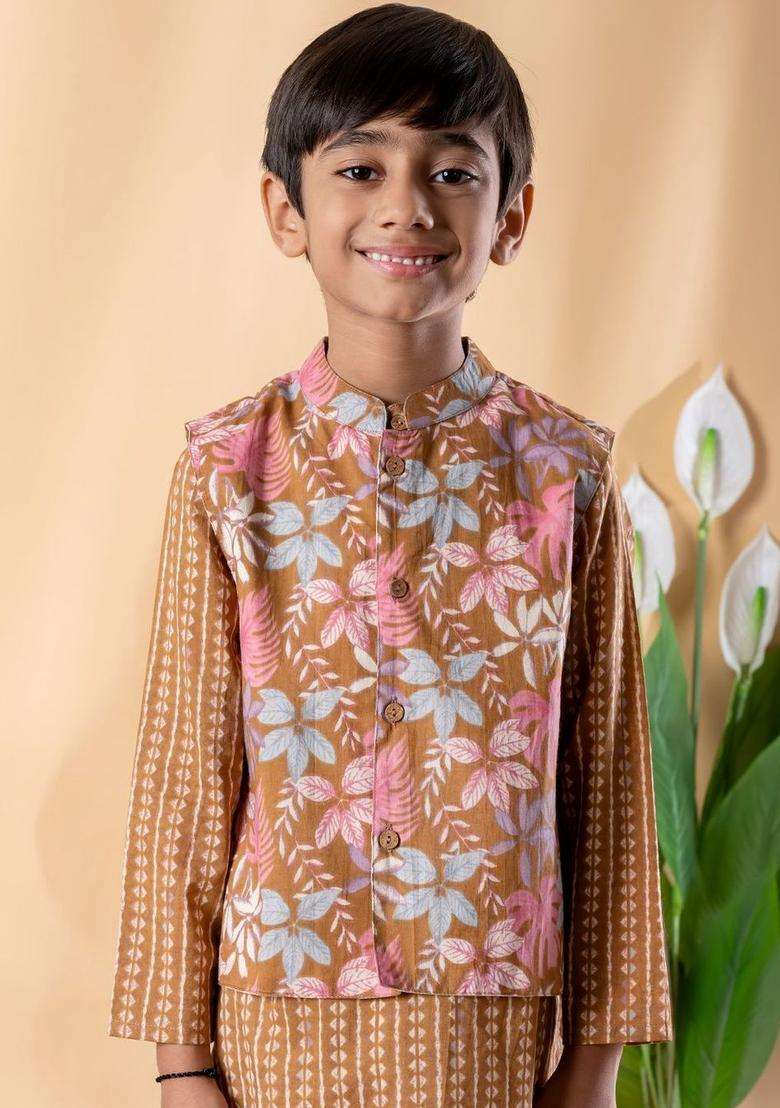 Brown Printed Cotton Kurta Set For Boys - Indya