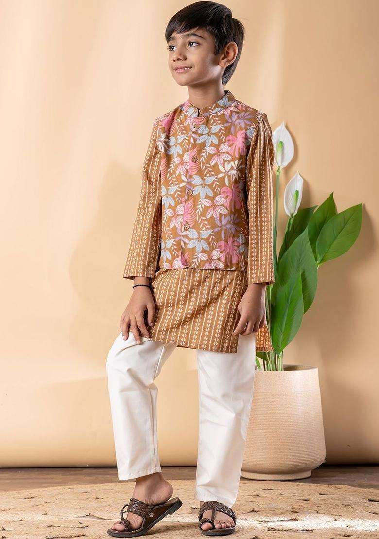 Brown Printed Cotton Kurta Set For Boys - Indya