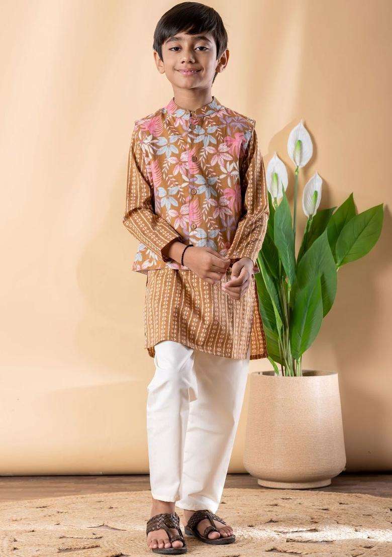 Brown Printed Cotton Kurta Set For Boys - Indya