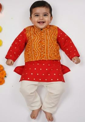 Red Printed Silk Kurta Set For Boys