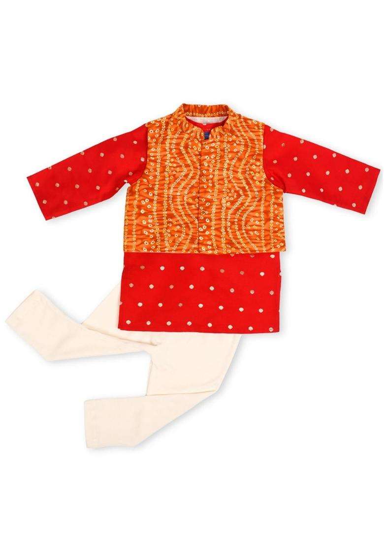 Red Printed Silk Kurta Set For Boys - Indya