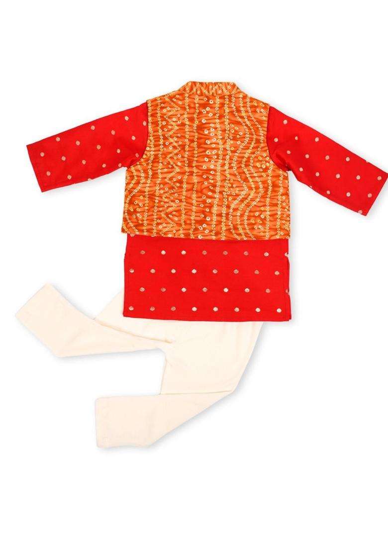 Red Printed Silk Kurta Set For Boys - Indya